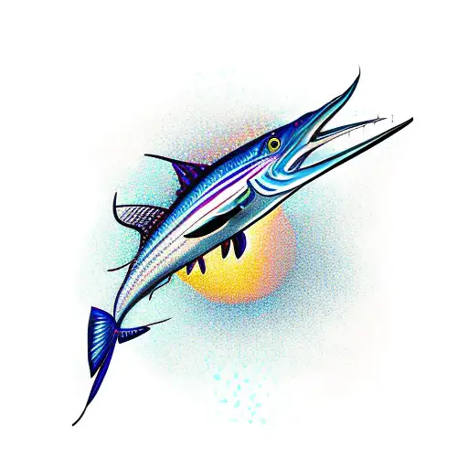A vibrant sunset over a calm ocean with a silhouette of a sailfish jumping out of the water tattoo design idea