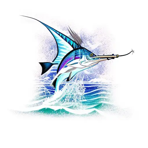 A majestic sailfish leaping out of the water with a fishing rod in its mouth tattoo design idea