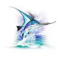 A majestic sailfish leaping out of the water with a fishing rod in its mouth tattoo design idea