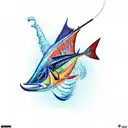 A majestic sailfish leaping out of the water with a fishing rod in its mouth tattoo design idea