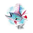A majestic sailfish leaping out of the water with a fishing rod in its mouth tattoo design idea