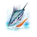 A majestic sailfish leaping out of the water with a fishing rod in its mouth tattoo design idea