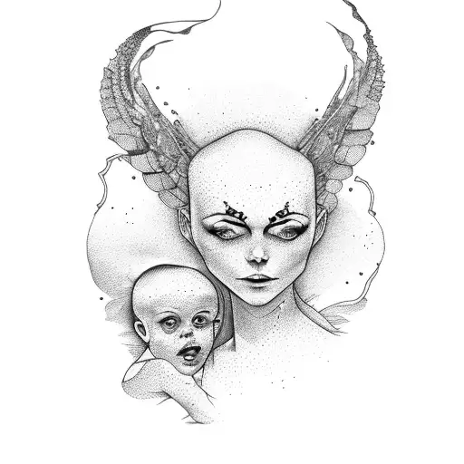 mother with 3 kids tattoo design idea