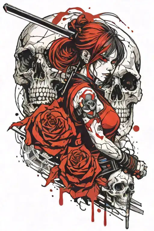 realistic anime beautiful warrior girl piercing a  bloody skull with a katana   hourglass  c tattoo design idea