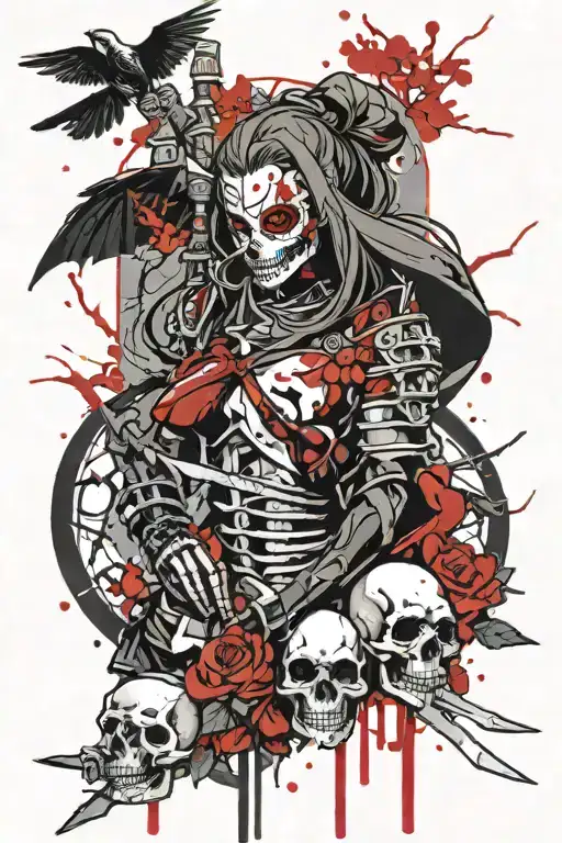 realistic anime beautiful warrior girl skull katana hourglass bloody cherry tree raven tattoo design idea