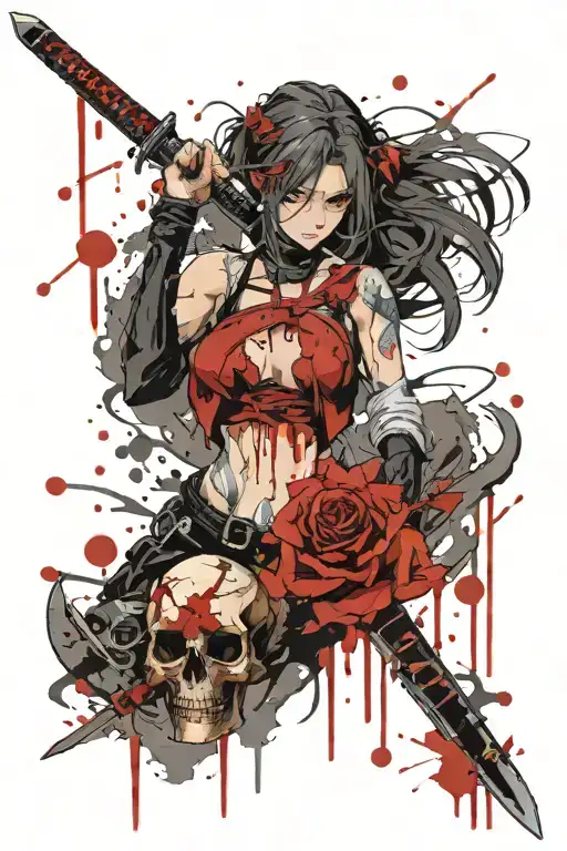 realistic anime beautiful warrior girl piercing a  bloody skull with a katana   hourglass  c tattoo design idea