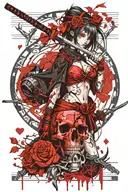 realistic anime beautiful warrior girl piercing a  bloody skull with a katana   hourglass  cherry tree raven tattoo design idea