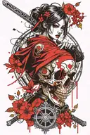 realistic anime beautiful warrior girl piercing a  bloody skull with a katana   hourglass  cherry tree raven tattoo design idea