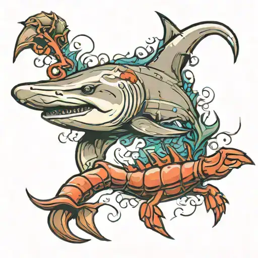 seabed with hammerhead shark and lobster tattoo design idea