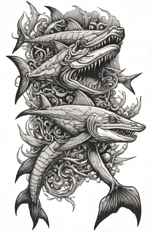 seabed with hammerhead shark and lobster tattoo design idea