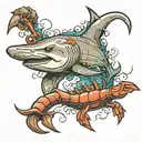seabed with hammerhead shark and lobster tattoo design idea