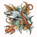 seabed with hammerhead shark and lobster tattoo design idea