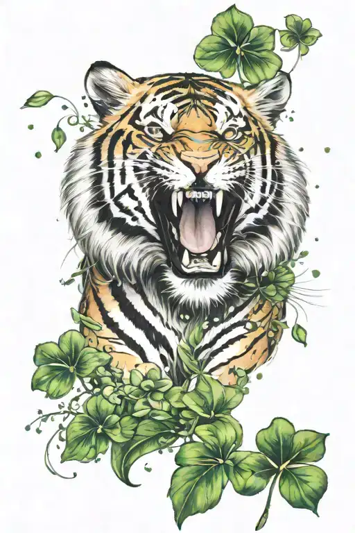 A tiger roaring in a starry night with four-leaf clovers at its feet tattoo design idea