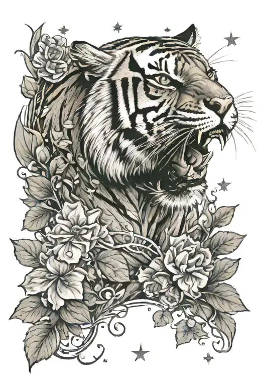 A tiger roaring in a starry night with four-leaf clovers at its feet tattoo design idea