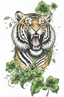 A tiger roaring in a starry night with four-leaf clovers at its feet tattoo design idea