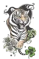 A tiger roaring in a starry night with four-leaf clovers at its feet tattoo design idea