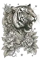 A tiger roaring in a starry night with four-leaf clovers at its feet tattoo design idea