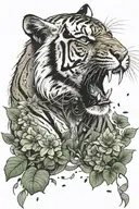 A tiger roaring in a starry night with four-leaf clovers at its feet tattoo design idea