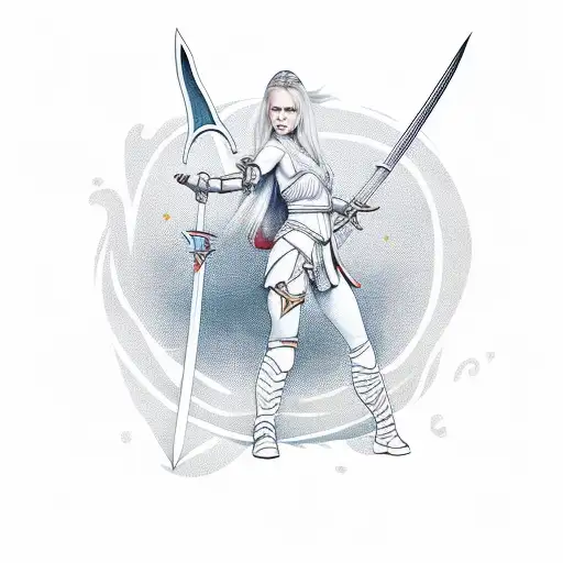 petite female warrior with blonde hair holding a sword up into the air with a subdued dragon at her feet  tattoo design idea