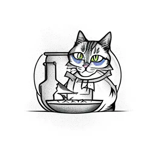 A magical cat brewing a potion in a cauldron tattoo design idea