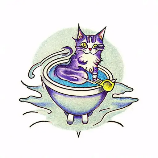 A magical cat brewing a potion in a cauldron tattoo design idea
