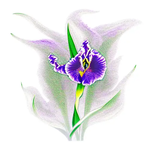 A purple iris xiphium flower surrounded by swirling magical smoke tattoo design idea
