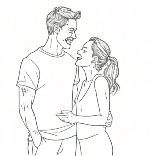 A young man and woman standing facing each other. The girl is laughing and her head is up. His hands are on the boy's sh tattoo design idea
