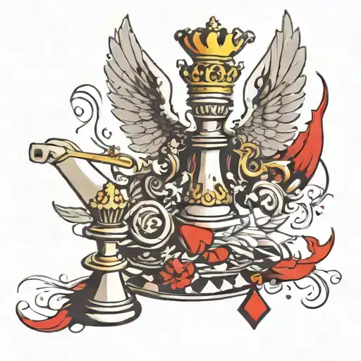 King chess piece with angel wings and cards orbiting around it tattoo design idea