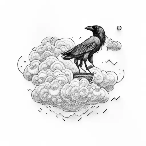 crow with a straw hat on top of nimbus cloud tattoo design idea