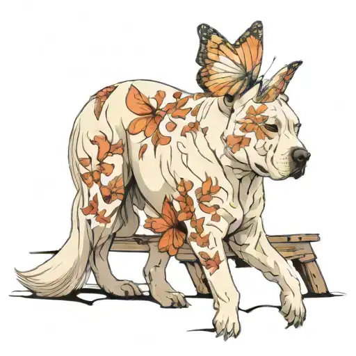 dogo argentino, sky, bridge, butterfly white, little girl tattoo design idea