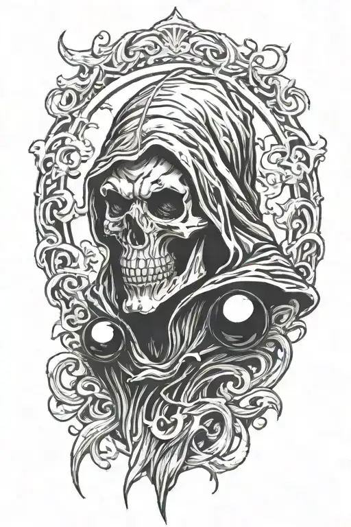 grim reaper but head is an 8 ball with flames around it tattoo design idea