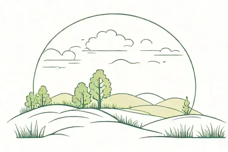 A peaceful, sunlit landscape: Perhaps a gently rolling meadow with soft, green grass, wildflowers, and a few tall trees  tattoo design idea