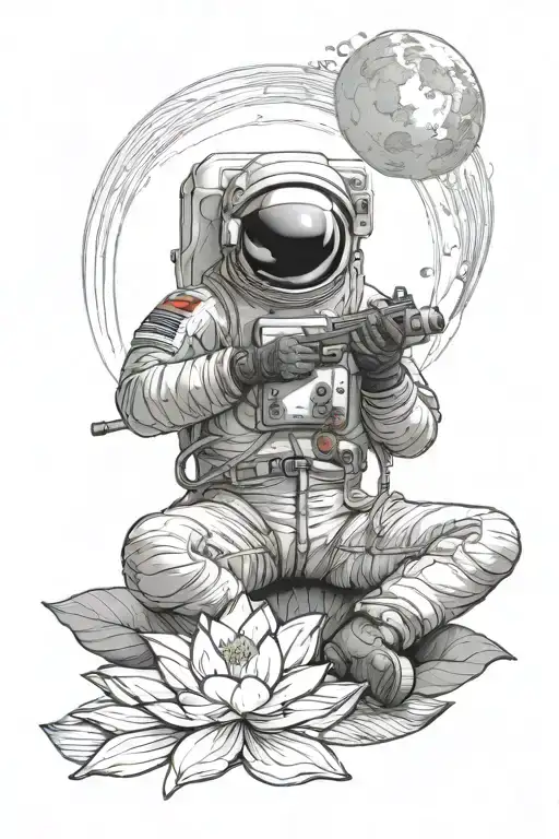 Astronaut sitting with legs crossed on a lotus flower with a gradient in the background  tattoo design idea