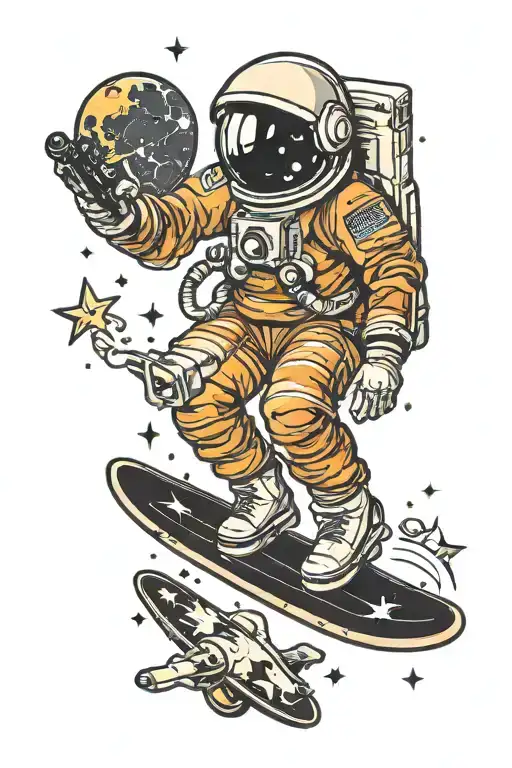 astronaut skateboarding tattoo design idea