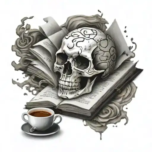 An open book with a detailed skull emerging from the pages, surrounded by coffee stains and steam tattoo design idea