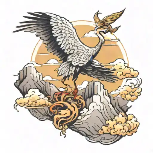 golden crane on top of a mountain with a feather falling tattoo design idea