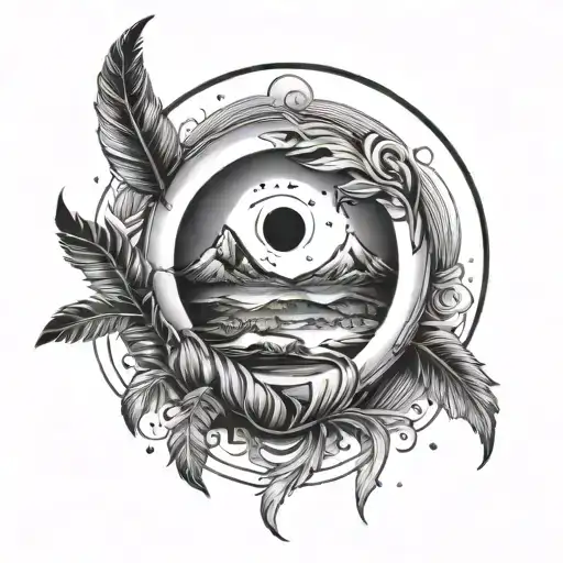 yin yang moutain and feather tattoo design idea