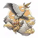 golden crane on top of a mountain with a feather falling tattoo design idea