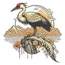 golden crane on top of a mountain with a feather falling tattoo design idea