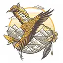 golden crane on top of a mountain with a feather falling tattoo design idea