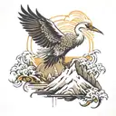 golden crane on top of a mountain with a feather falling tattoo design idea