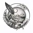 yin yang moutain and feather tattoo design idea