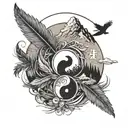 yin yang moutain and feather tattoo design idea