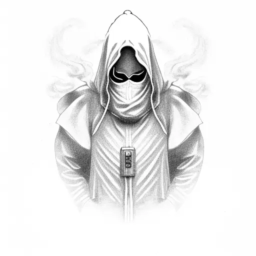 Mysterious hooded figure surrounded by swirling smoke tattoo design idea