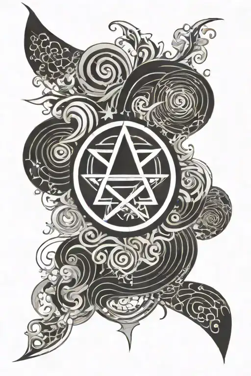 blackout arm sleeve pentagram japanese waves cloud  tattoo design idea