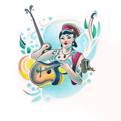 A traditional-style tattoo of a woman playing a musical instrument on a staircase in a garden tattoo design idea