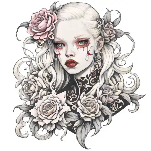 albino girl with pink eyes in ruffled fashion  tattoo design idea