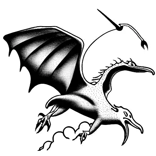 flying animal with features of a dragon, heron and pterodactyl  tattoo design idea