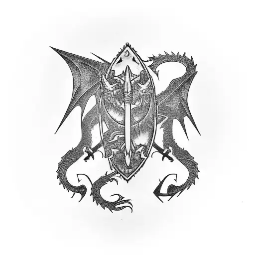 Axe embedded in a tree trunk, with a dragon wrapped around it tattoo design idea