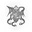 Axe embedded in a tree trunk, with a dragon wrapped around it tattoo design idea